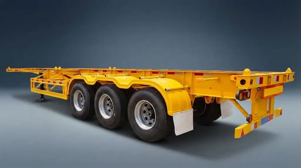 Rear 45-degree view of Kales 40ft Container Chassis semi-trailer showing rear bumper and LED lighting system.