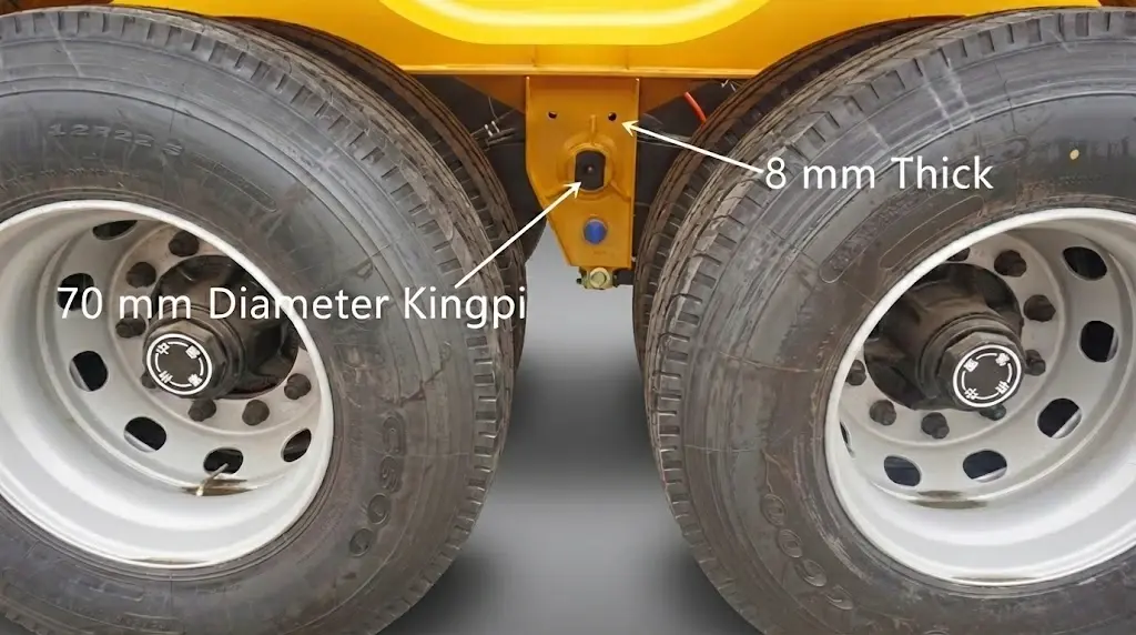 Detail of reinforced suspension hanger with extra steel plate on Kales 40ft container chassis semi-trailer.