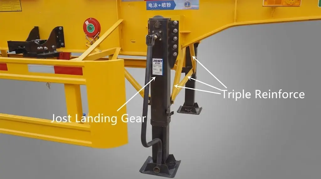 Close-up of JOST brand D200T landing gear on Kales 40ft container chassis semi-trailer.