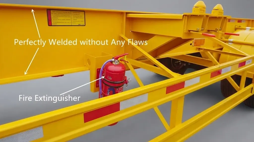 Robust 450mm I-beam main chassis structure and side safety guards on Kales 40ft container trailer.