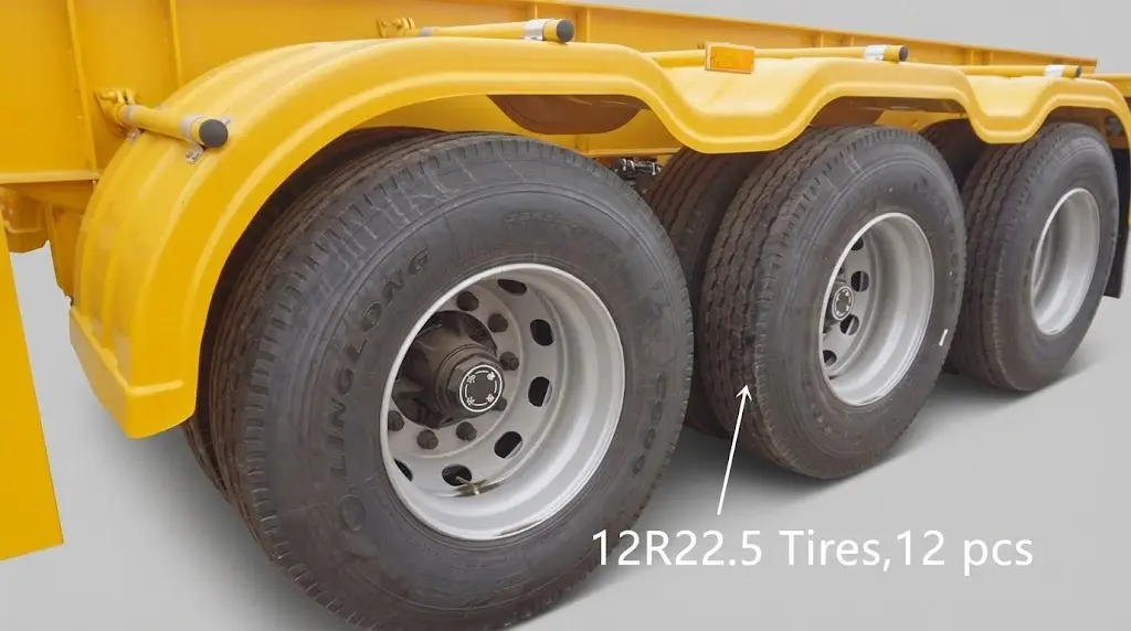 Heavy-duty tire system (12 units) and reinforced mudguards on Kales 40ft container chassis semi-trailer for high payload transport.