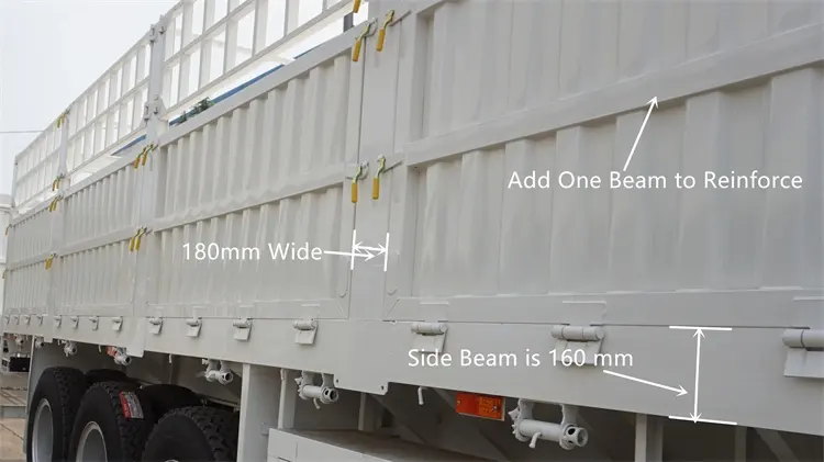 Kales fence trailer side structure featuring 160mm square tube edge beam, 180mm wide detachable posts, and middle pipe reinforcement.