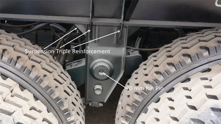 Kales 60-ton fence trailer mechanical suspension detail featuring triple reinforced hanger brackets and 70mm pin