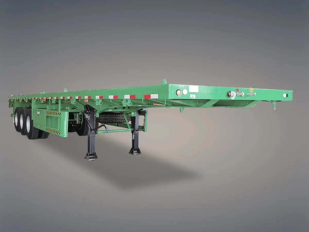 Front 45-degree view of Kales 40ft Container Flatbed Semi-Trailer featuring a robust open deck for versatile loading.