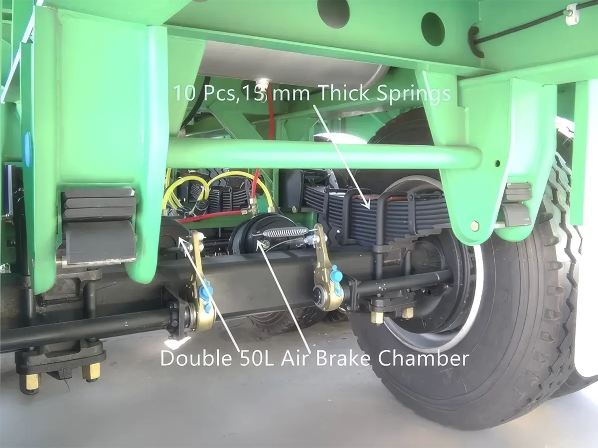 Reinforced 10x15mm leaf spring suspension and heavy-duty axles on Kales 40ft Flatbed Semi-Trailer.