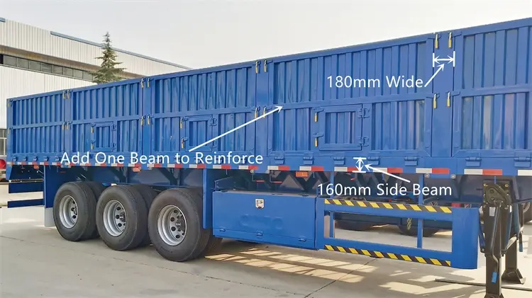 Side detail of Kales dropside trailer featuring 160mm square edge beam, 180mm wide detachable posts, and 3 grain hatches.