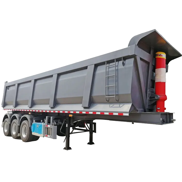 Front 45-degree view of Kales 35m³ Dump Semi-Trailer featuring HYVA hydraulic cylinder and front reinforced ribs.