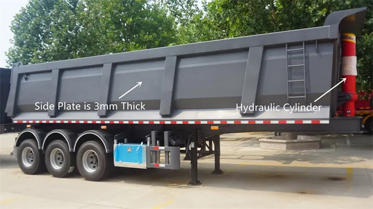 Side profile view of Kales 35m³ Dump Semi-Trailer featuring high-strength 3mm steel box body with reinforced ribbed structure