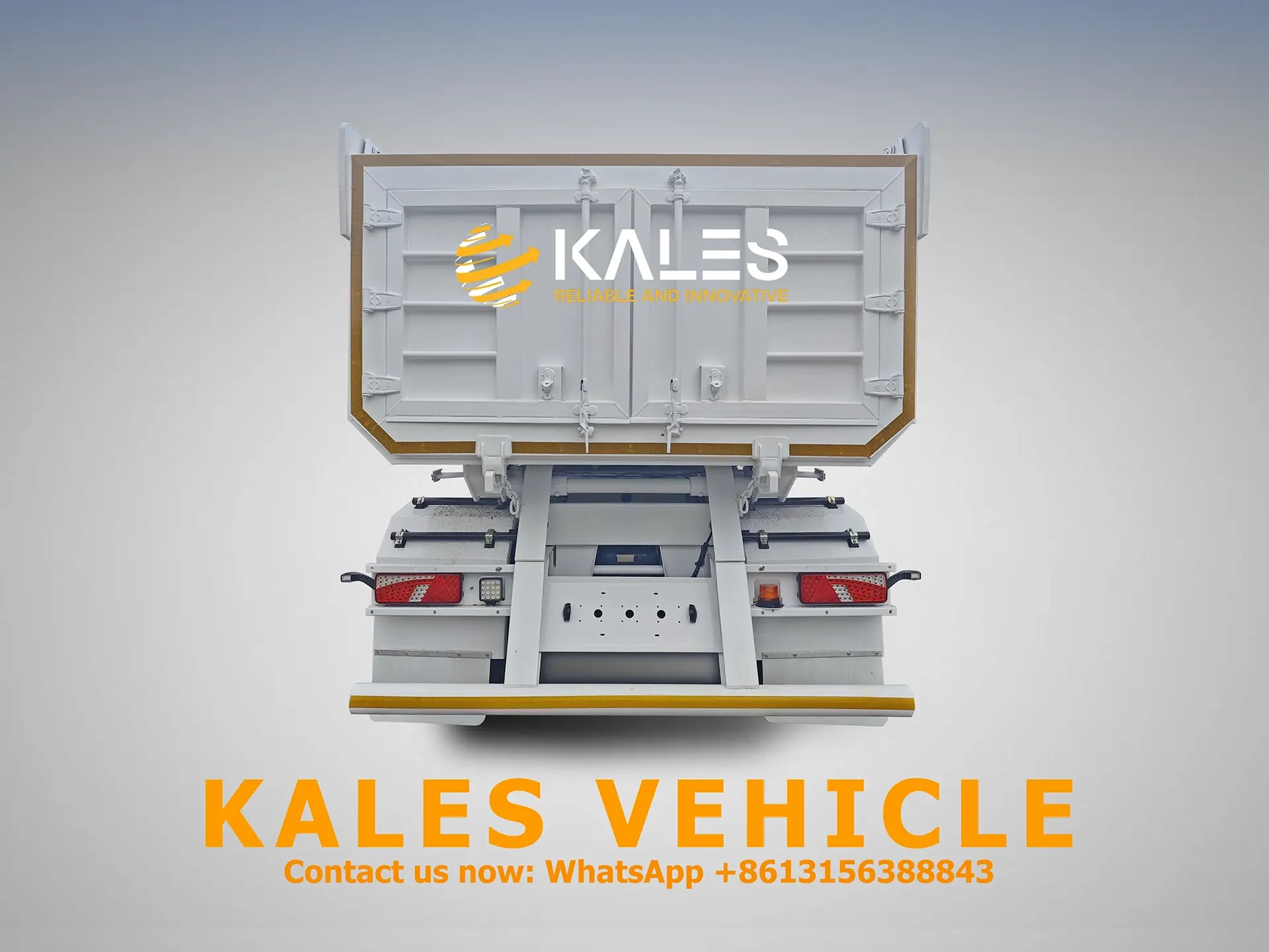 Kales Vehicle 60 ton dump trailer rear view showing reinforced double doors and protection guard.