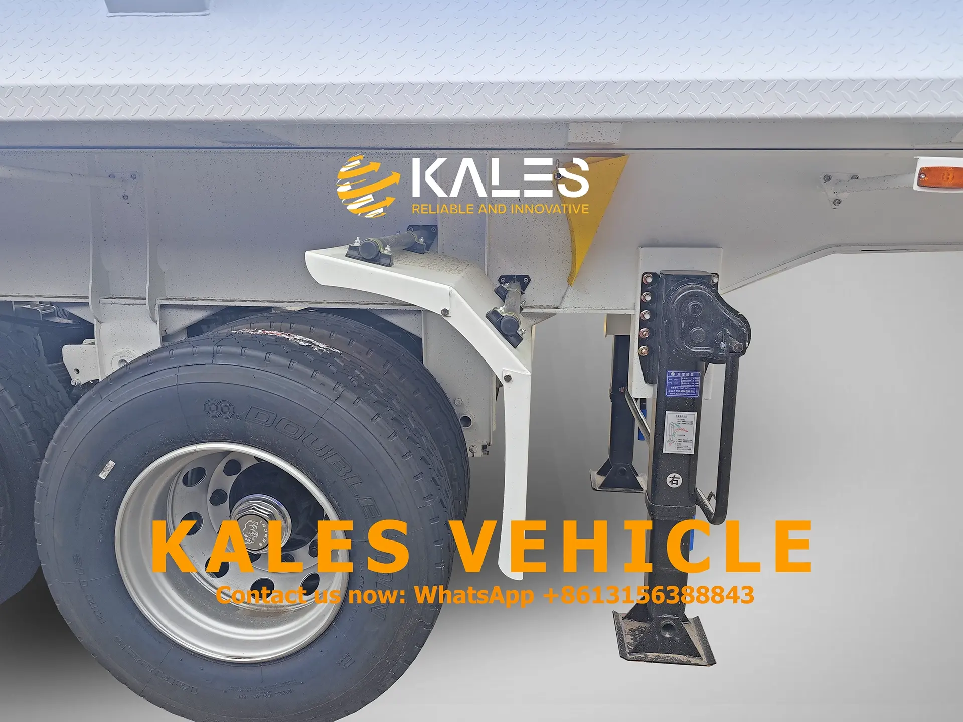Landing gear legs and tire fender structure on Kales Vehicle 60 ton dump trailer.