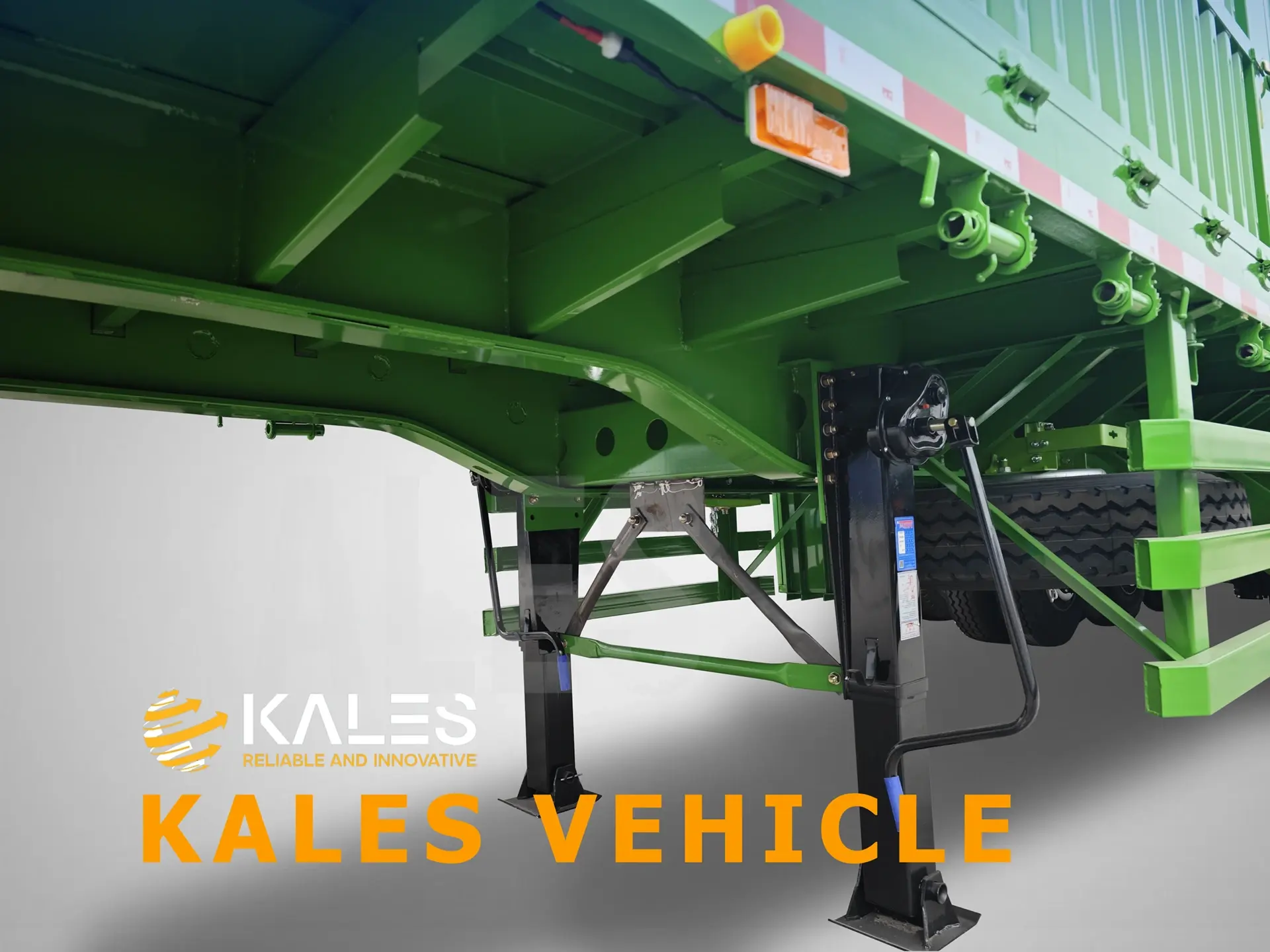Close-up detail of the standard 28 ton JOST landing gear fitted on the Kales semi trailer