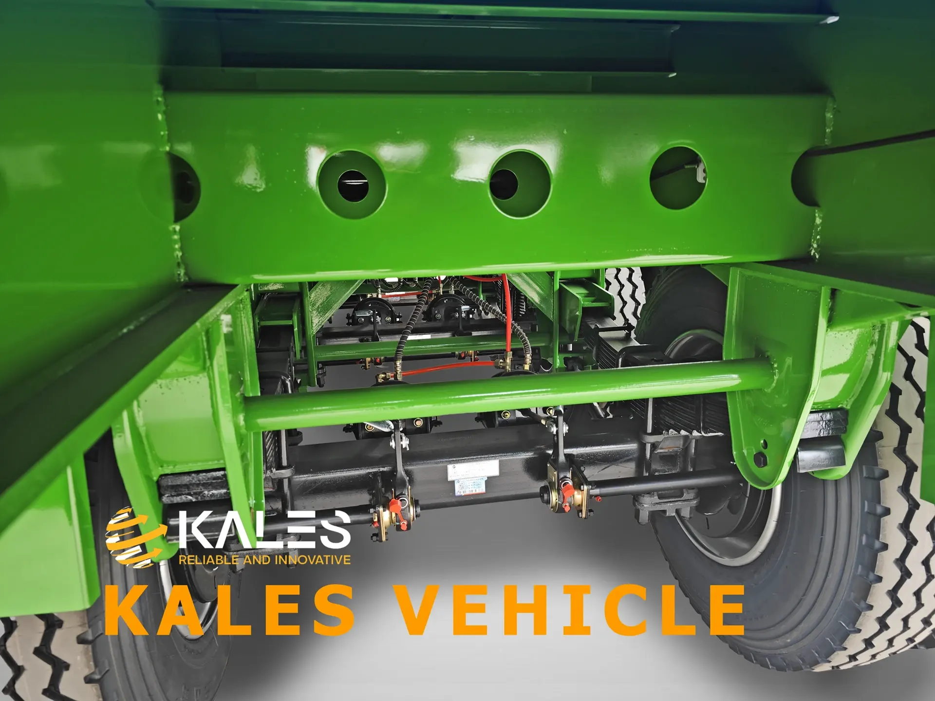 Heavy-duty FUWA 3-axle system equipped with durable 12R22.5 tires for rough road conditions.