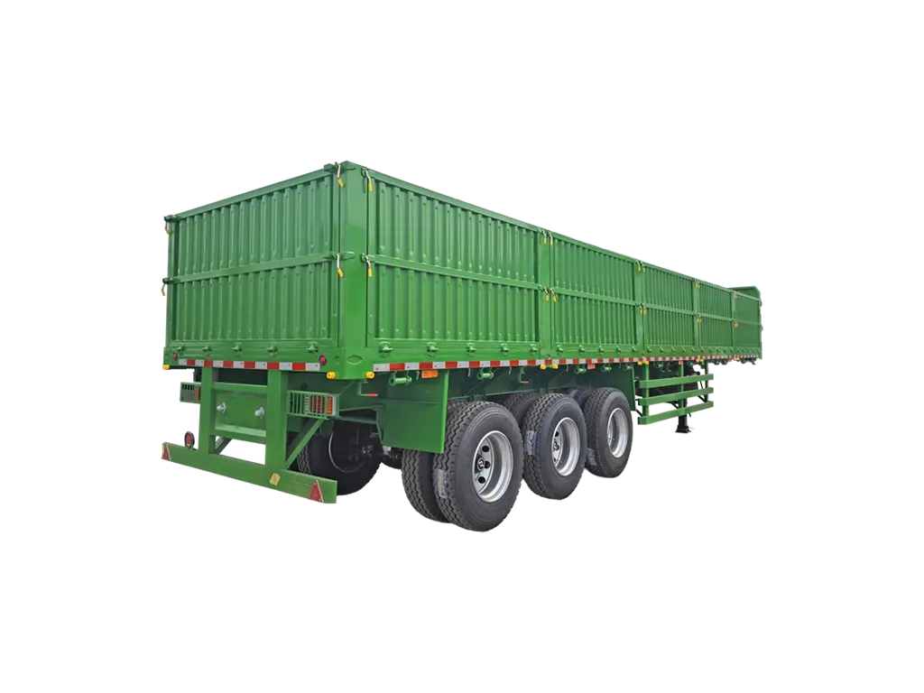 Three-quarter front view of Kales 3-axle dropside trailer ready for bulk cargo transport